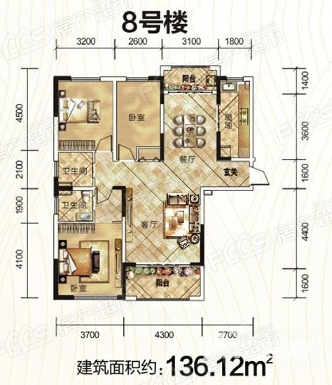 骧龙国际沁园户型图-3室2厅2卫,建筑面积约136.0㎡