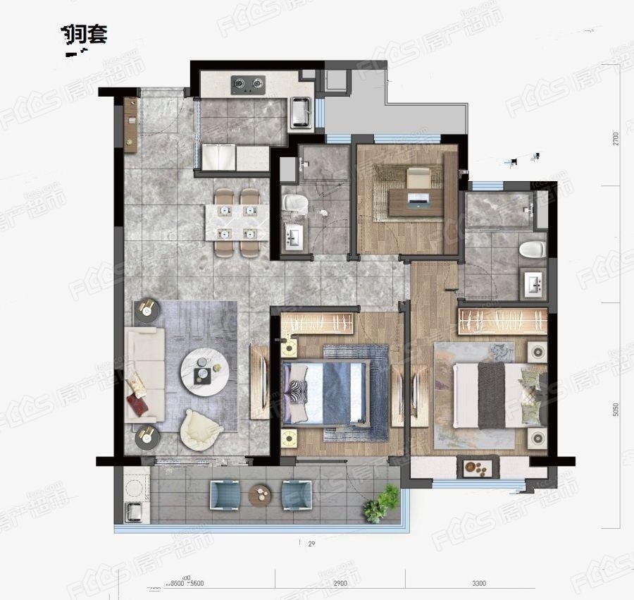 龙湖融信天琅府户型图-3室2厅2卫,建筑面积约98.0㎡