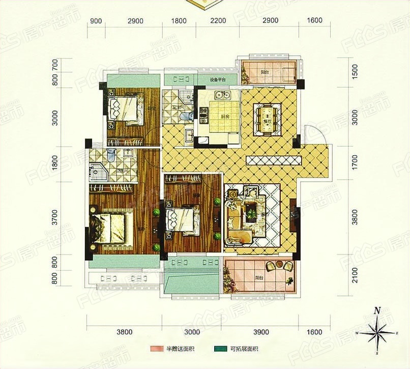 航宇罗马假日户型图-3室2厅2卫,建筑面积约120.0㎡