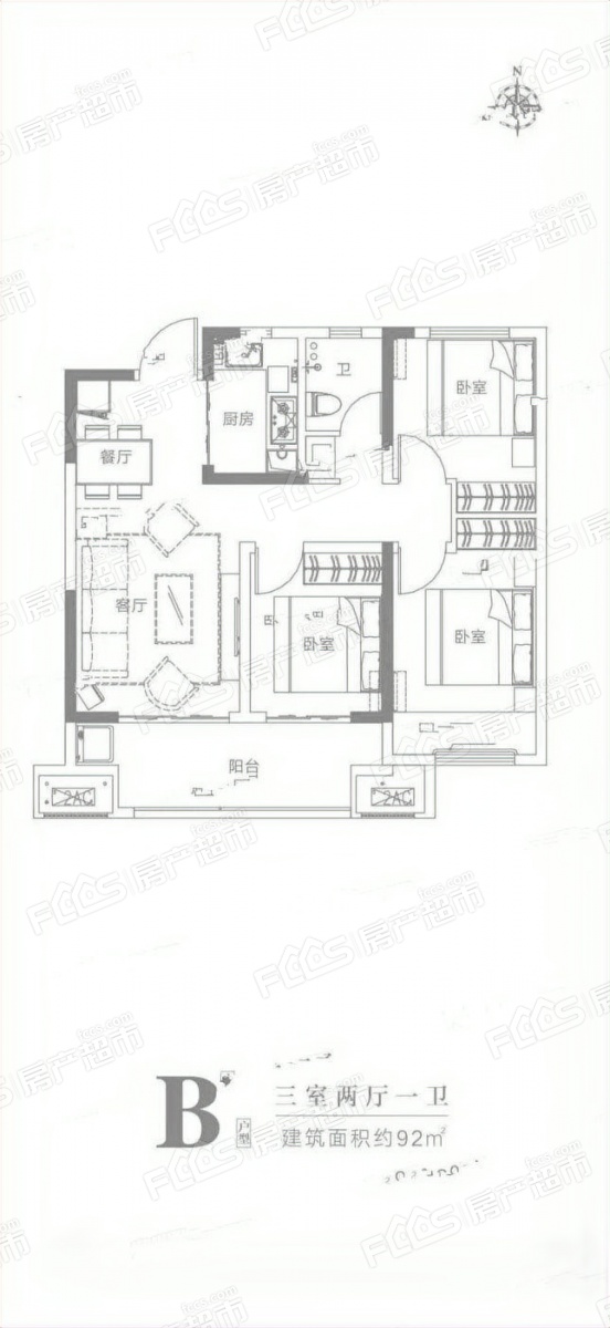 正商博雅华庭户型图-3室2厅1卫,建筑面积约92.