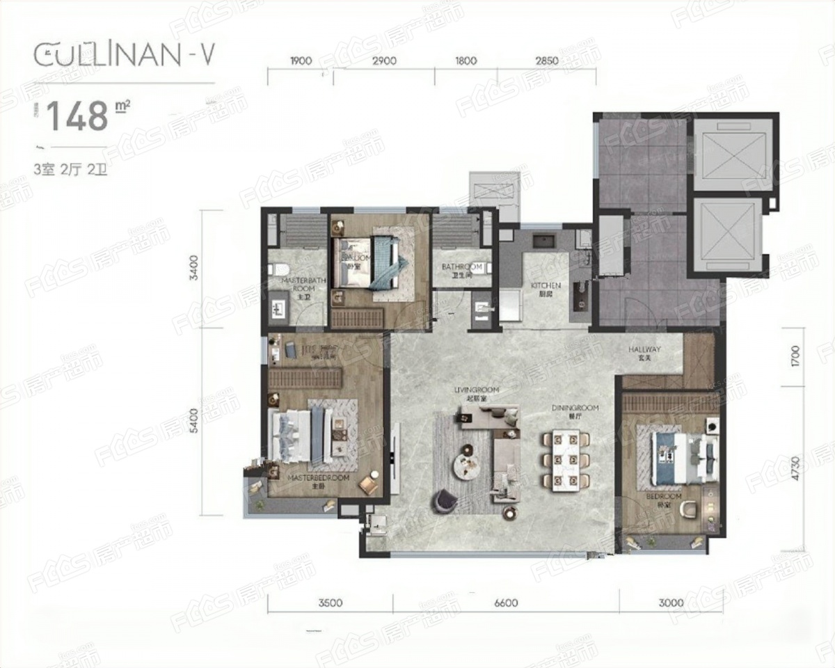 龙湖天奕户型图-3室2厅2卫,建筑面积约148.0㎡