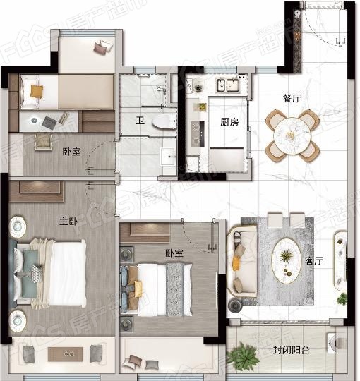 碧桂园天璞户型图-3室2厅1卫,建筑面积约93.0㎡