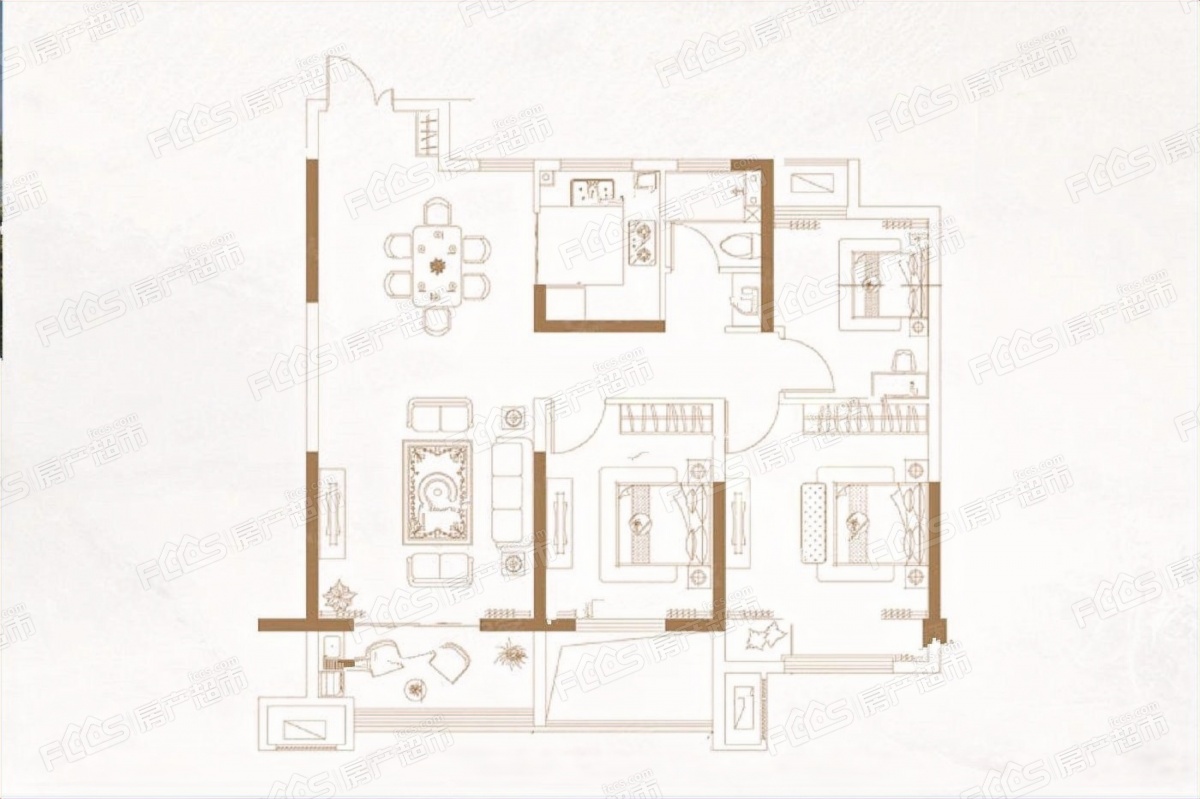 天居珑悦府户型图-3室2厅1卫,建筑面积约105.0㎡