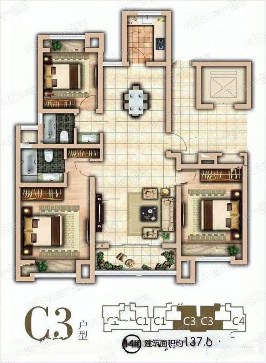 锦绣华府户型图-3室2厅2卫,建筑面积约137.0㎡