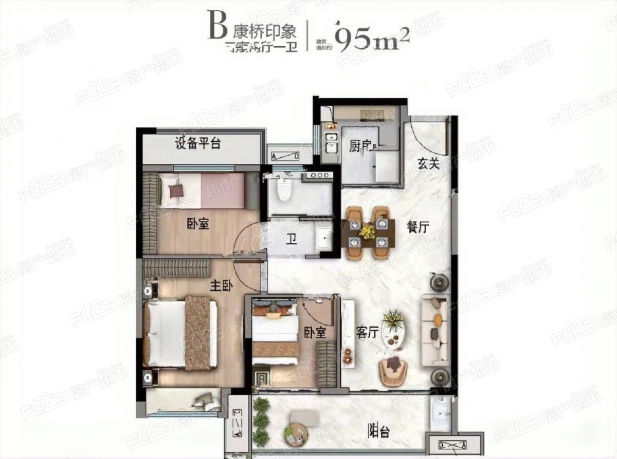 阜宁碧桂园双玺户型图-3室2厅1卫,建筑面积约95.0㎡