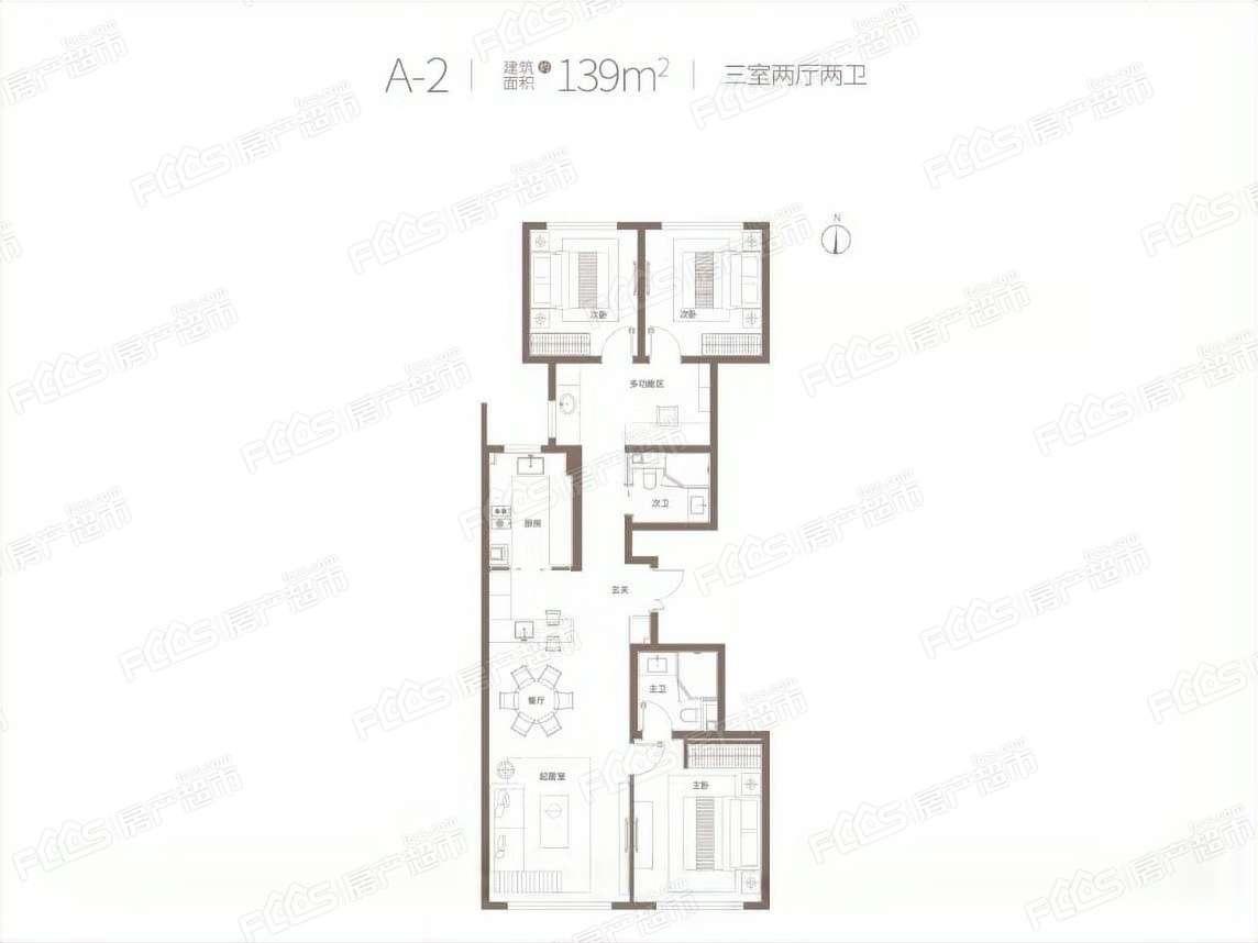 北京城建天坛府户型图-3室2厅2卫,建筑面积约139.0㎡