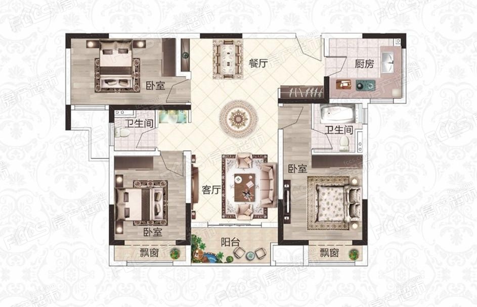 方城建业森林半岛户型图-3室2厅2卫,建筑面积约118.0㎡