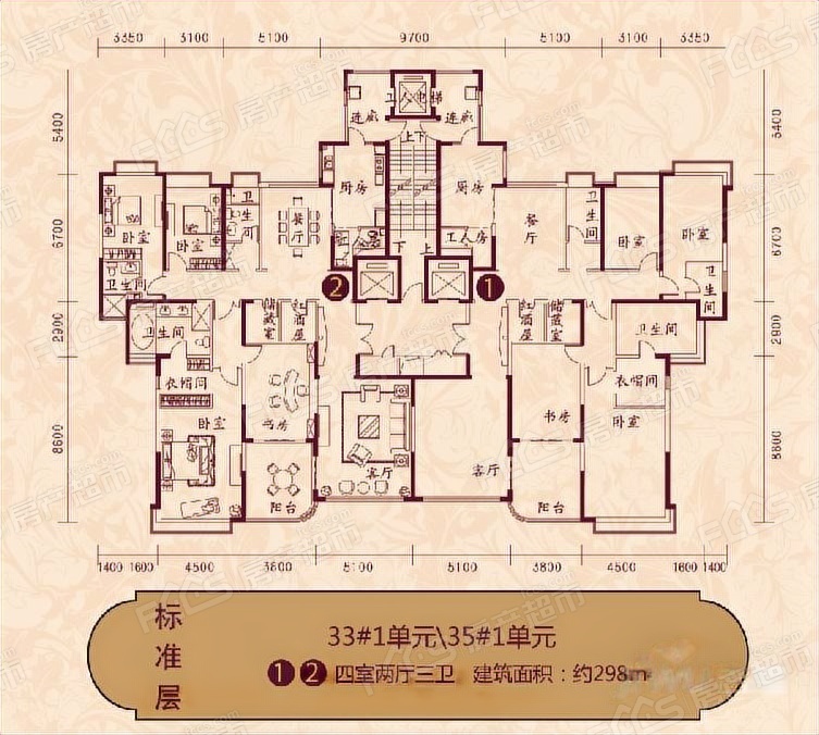 东营恒大黄河生态城户型图-4室2厅3卫,建筑面积约298.0㎡