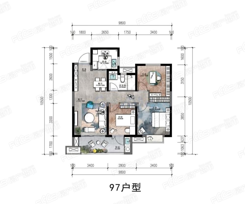 綠地香港理想城戶型圖-3室2廳1衛,建築面積約97.0㎡