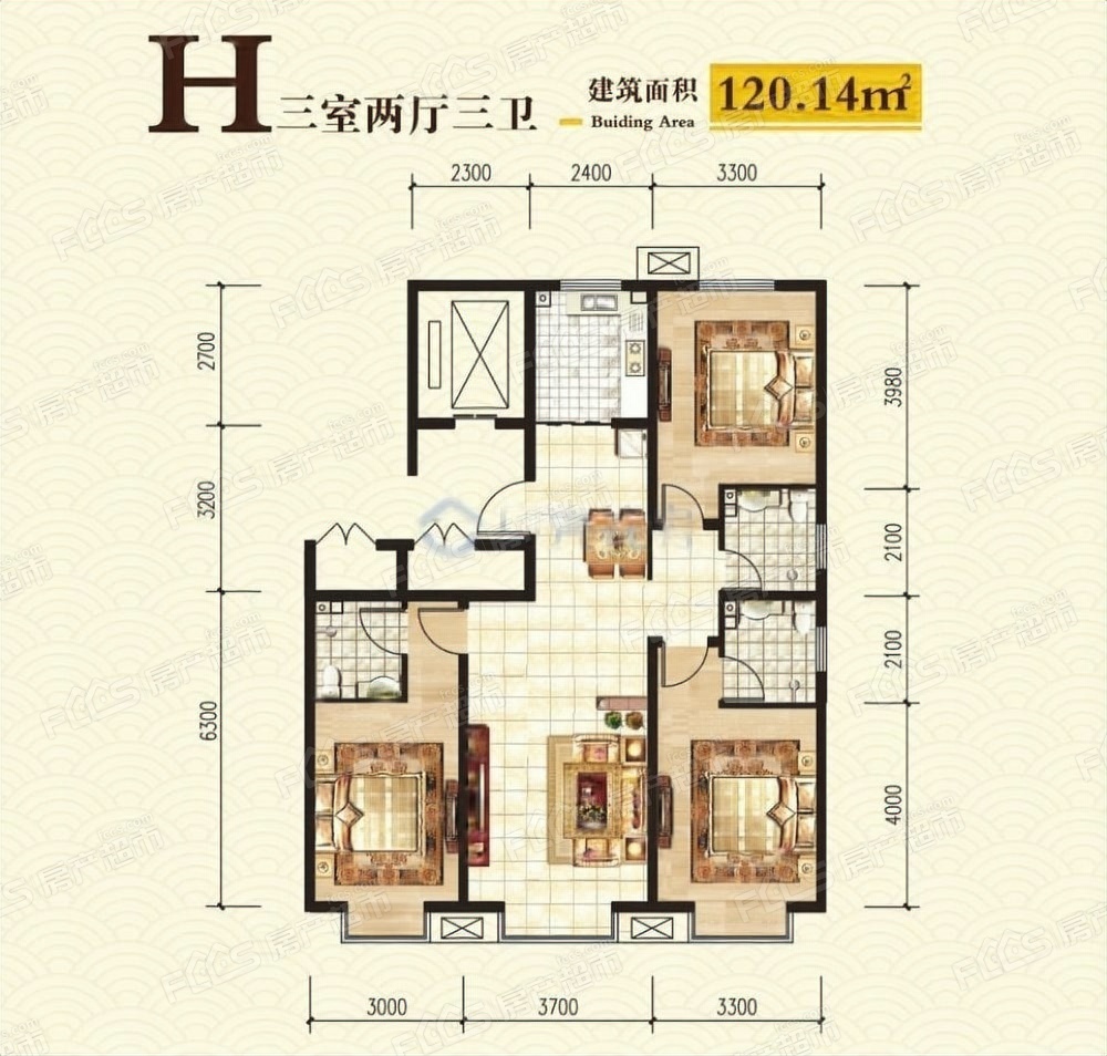 上雍华庭户型图-3室2厅3卫,建筑面积约120.14㎡