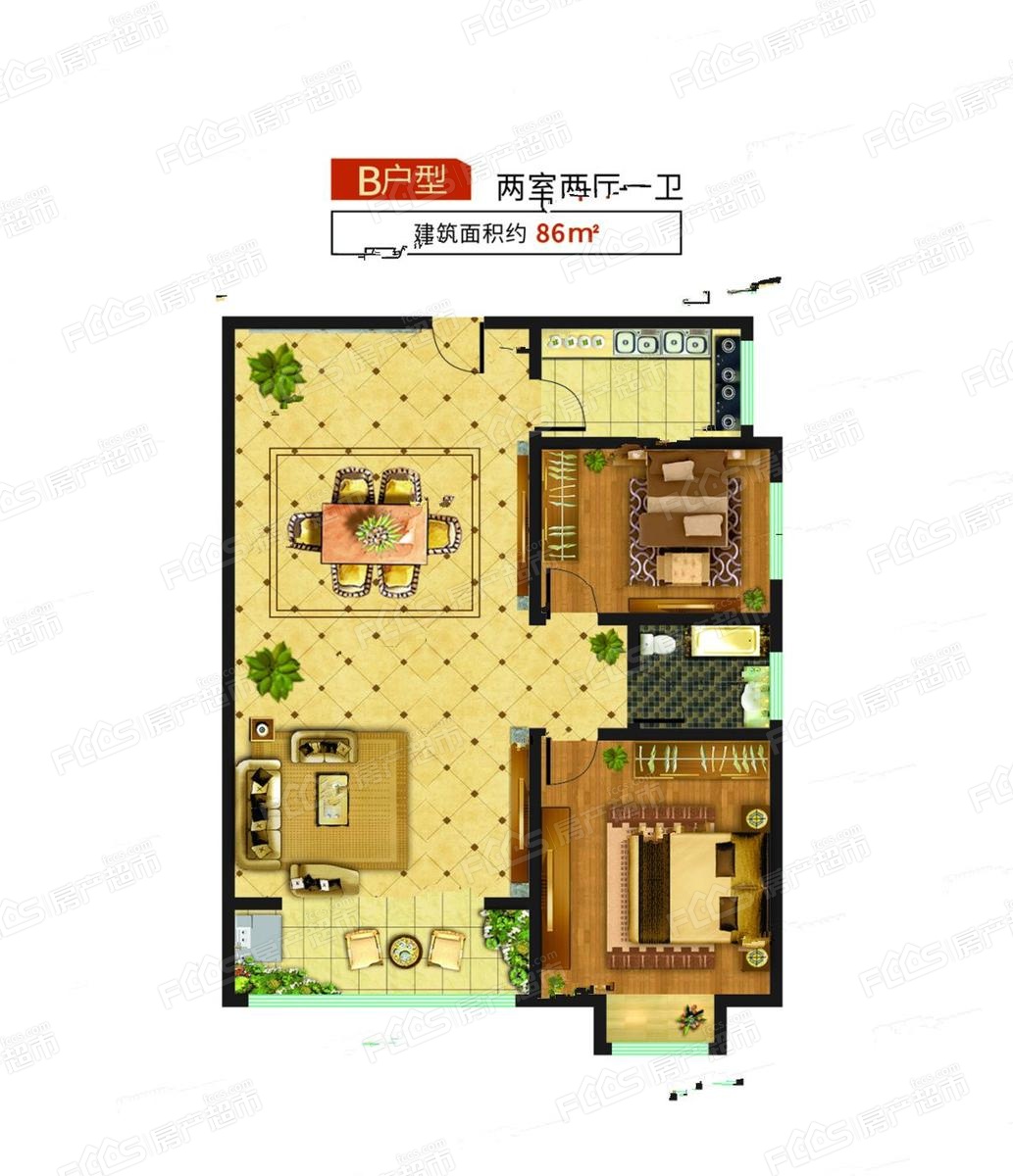 東方今典東方府2室2廳1衛的戶型