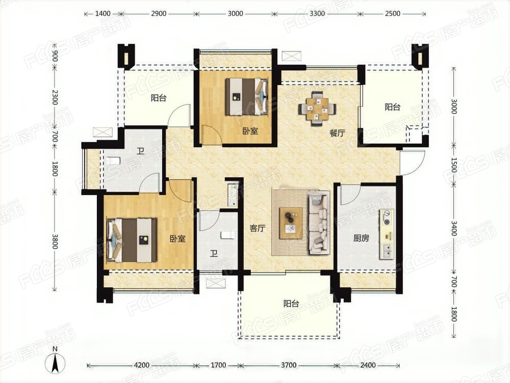 豐谷天璽戶型圖-2室2廳2衛,建築面積約110.31㎡