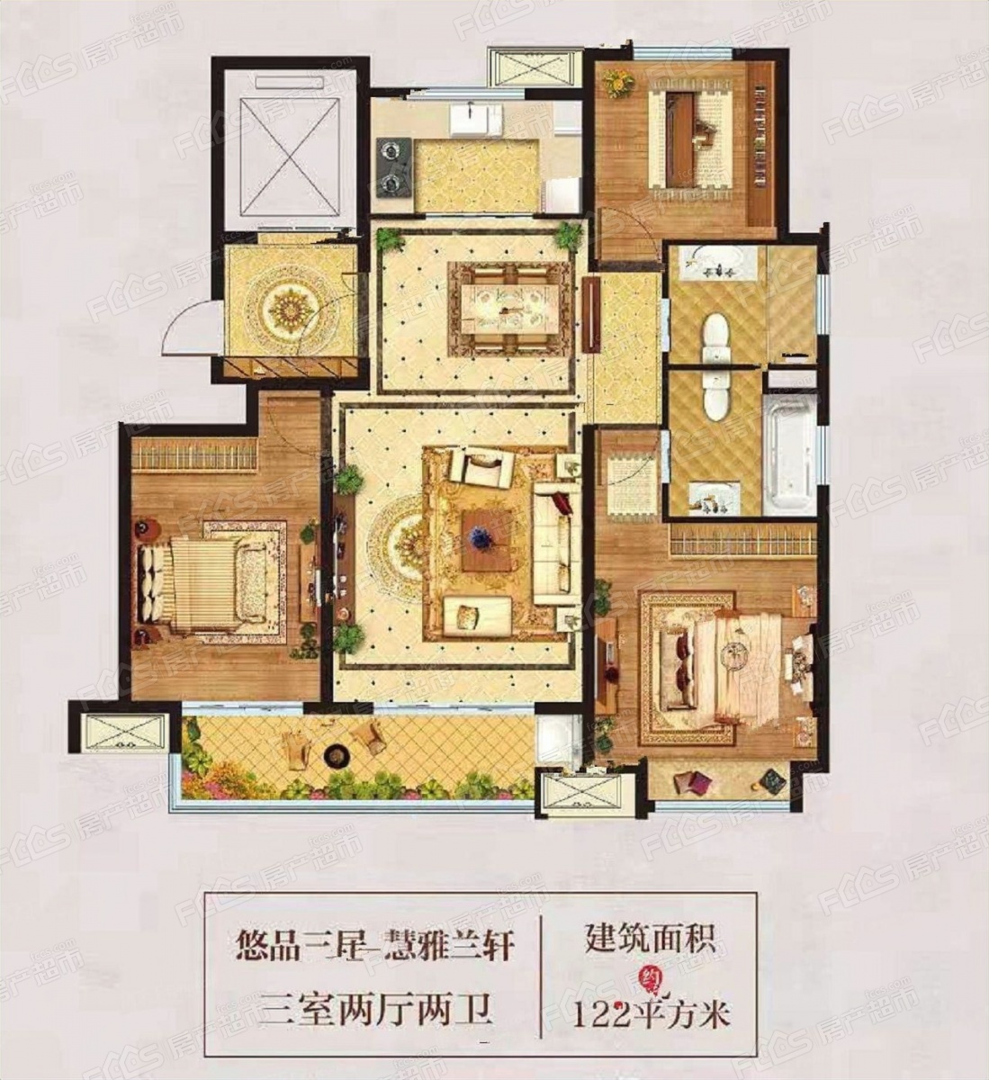 慧学铭苑户型图-3室2厅2卫,建筑面积约122.0㎡