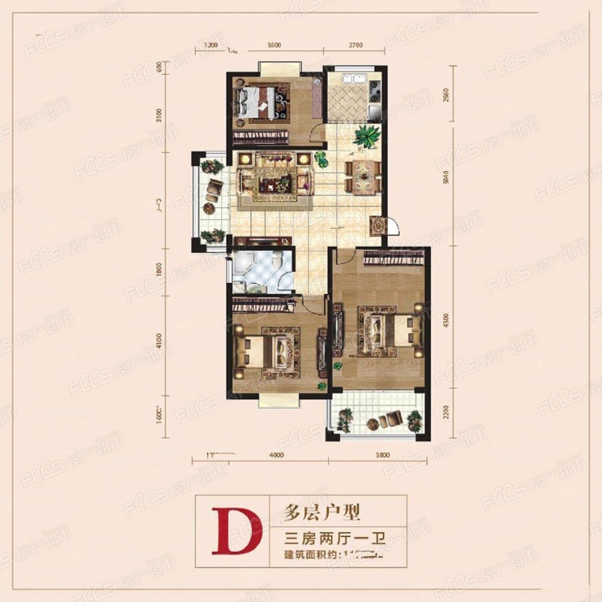 学府名城户型图-3室2厅1卫,建筑面积约115.0㎡