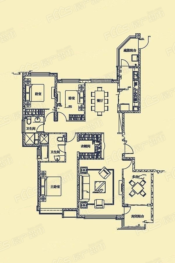 恒大帝景戶型圖-4室2廳2衛,建築面積約206.0㎡