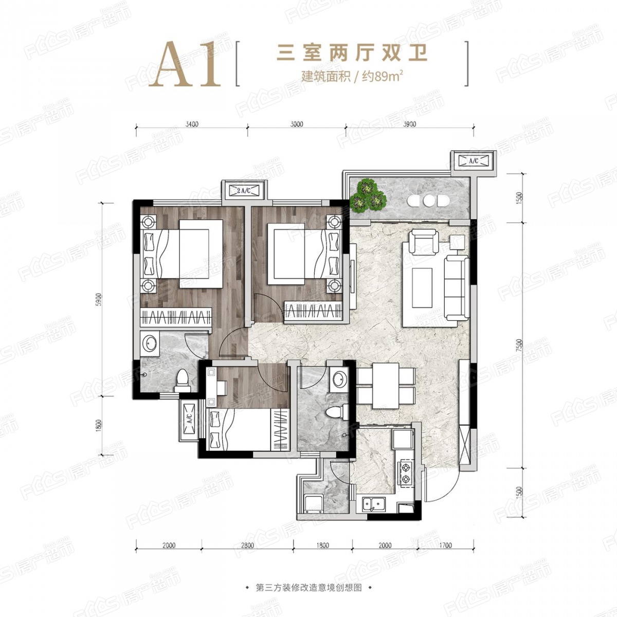 正黄金域华府户型图-3室2厅2卫,建筑面积约89.0㎡